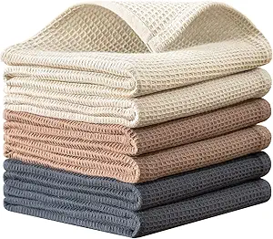 QUILTINA 100% Cotton Waffle Weave Kitchen Dish Towels – Super Absorbent 6-Pack (17x25”, Beige, Brown, Dark Grey)