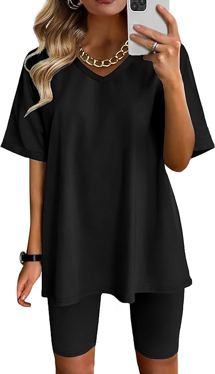 Effortless Summer Style – AGSEEM Two-Piece V-Neck Biker Short Set