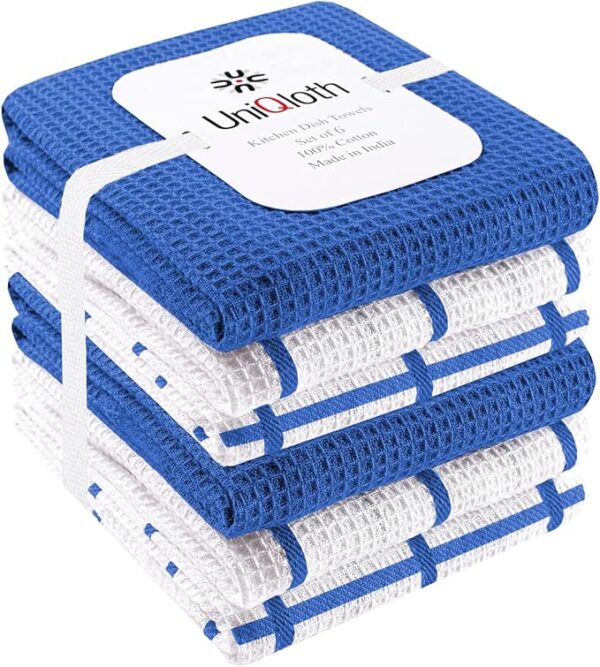 Set of 6 Waffle Kitchen Dish Towels – Soft, Absorbent & Quick-Drying 100% Cotton (Blue)