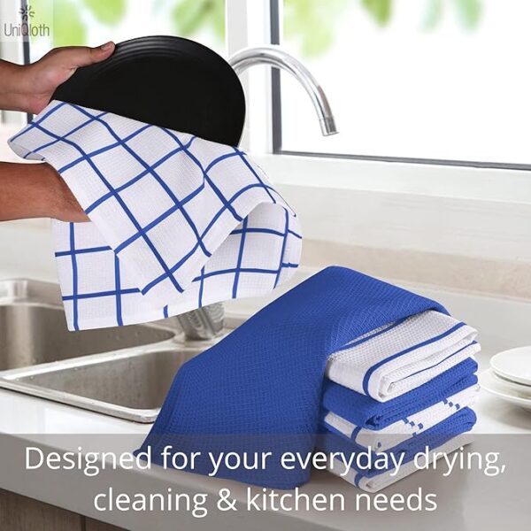 Set of 6 Waffle Kitchen Dish Towels – Soft, Absorbent & Quick-Drying 100% Cotton (Blue)