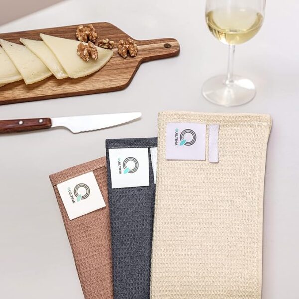 QUILTINA 100% Cotton Waffle Weave Kitchen Dish Towels – Super Absorbent 6-Pack (17x25”, Beige, Brown, Dark Grey)