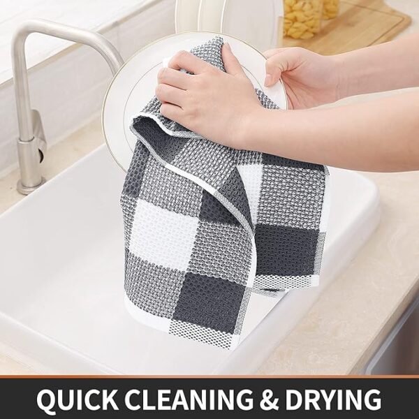Homaxy Cotton Waffle Weave Plaid Kitchen Towels – Soft, Absorbent, Stylish (4-Pack, 13x28”, White & Dark Grey)