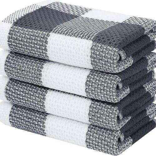 Homaxy Cotton Waffle Weave Plaid Kitchen Towels – Soft, Absorbent, Stylish (4-Pack, 13x28”, White & Dark Grey)