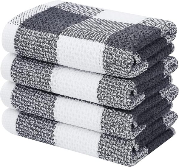 Homaxy Cotton Waffle Weave Plaid Kitchen Towels – Soft, Absorbent, Stylish (4-Pack, 13x28”, White & Dark Grey)