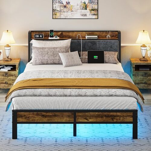 Queen Metal Bed Frame with LED Headboard & USB Charging – No Box Spring Needed, Easy Assembly