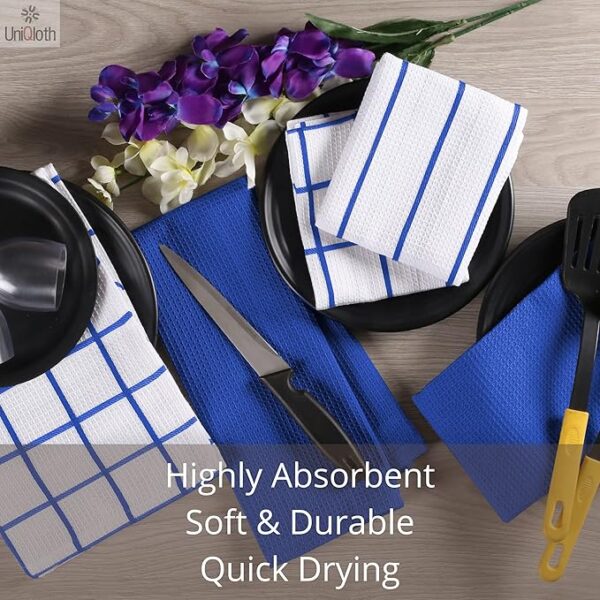 Set of 6 Waffle Kitchen Dish Towels – Soft, Absorbent & Quick-Drying 100% Cotton (Blue)