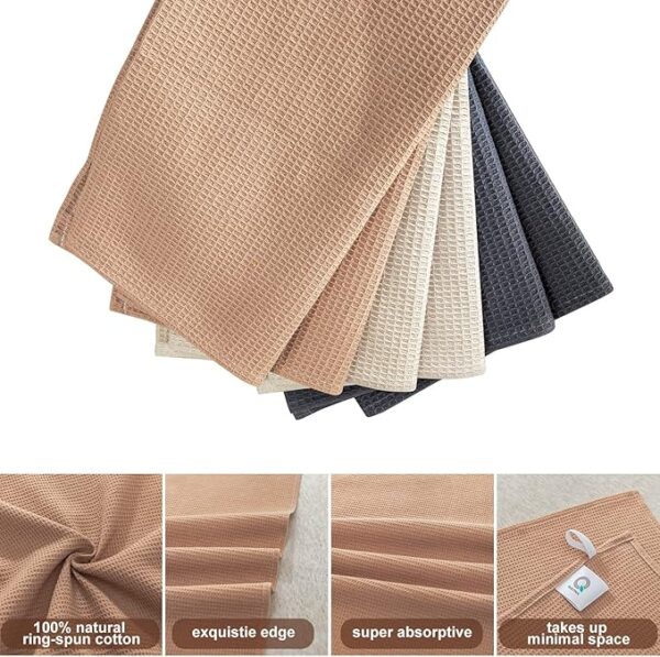 QUILTINA 100% Cotton Waffle Weave Kitchen Dish Towels – Super Absorbent 6-Pack (17x25”, Beige, Brown, Dark Grey)