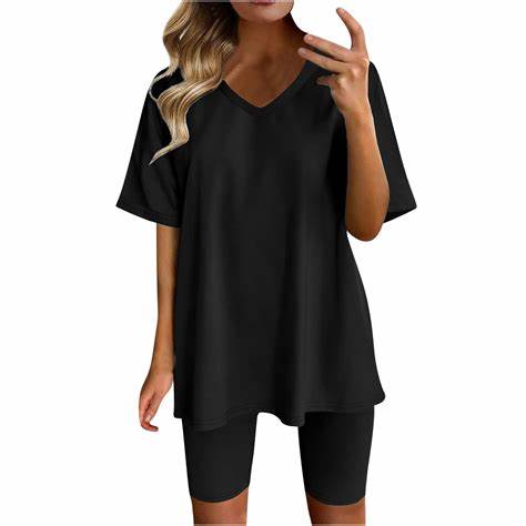 Effortless Summer Style – AGSEEM Two-Piece V-Neck Biker Short Set
