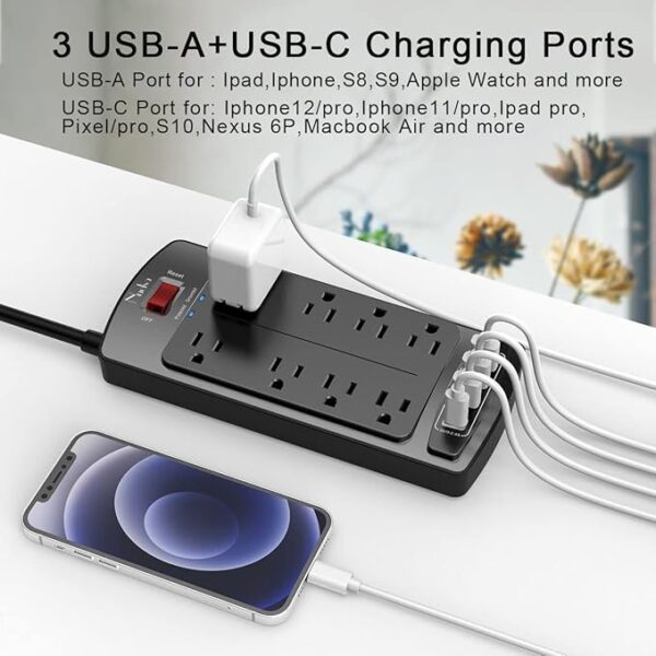 Nuetsa Surge Protector Power Strip – 8 Outlets & 4 USB, 6FT Cord