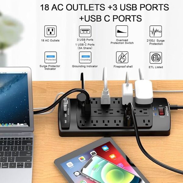 18-Outlet Surge Protector Power Strip – 6FT Heavy-Duty Cord & USB Ports