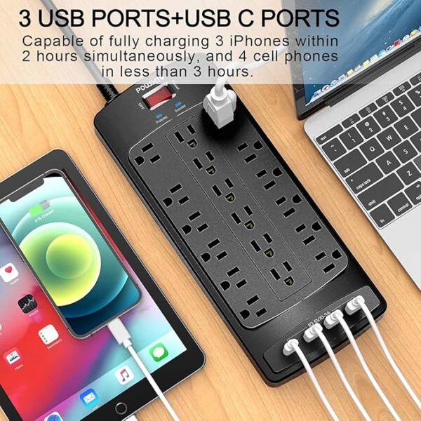 18-Outlet Surge Protector Power Strip – 6FT Heavy-Duty Cord & USB Ports